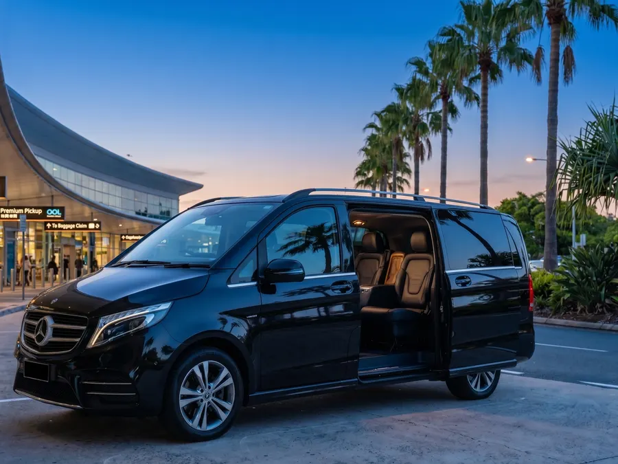 A private transfer waiting outside Gold Coast Airport at dusk